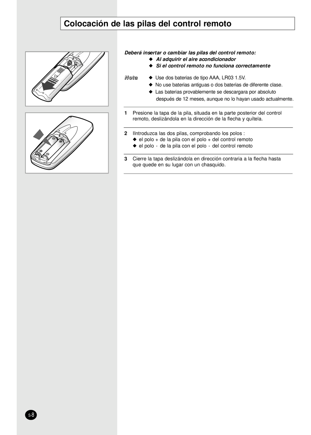 Samsung AM14B1(B2)E07 manuel dutilisation Colocación de las pilas del control remoto 