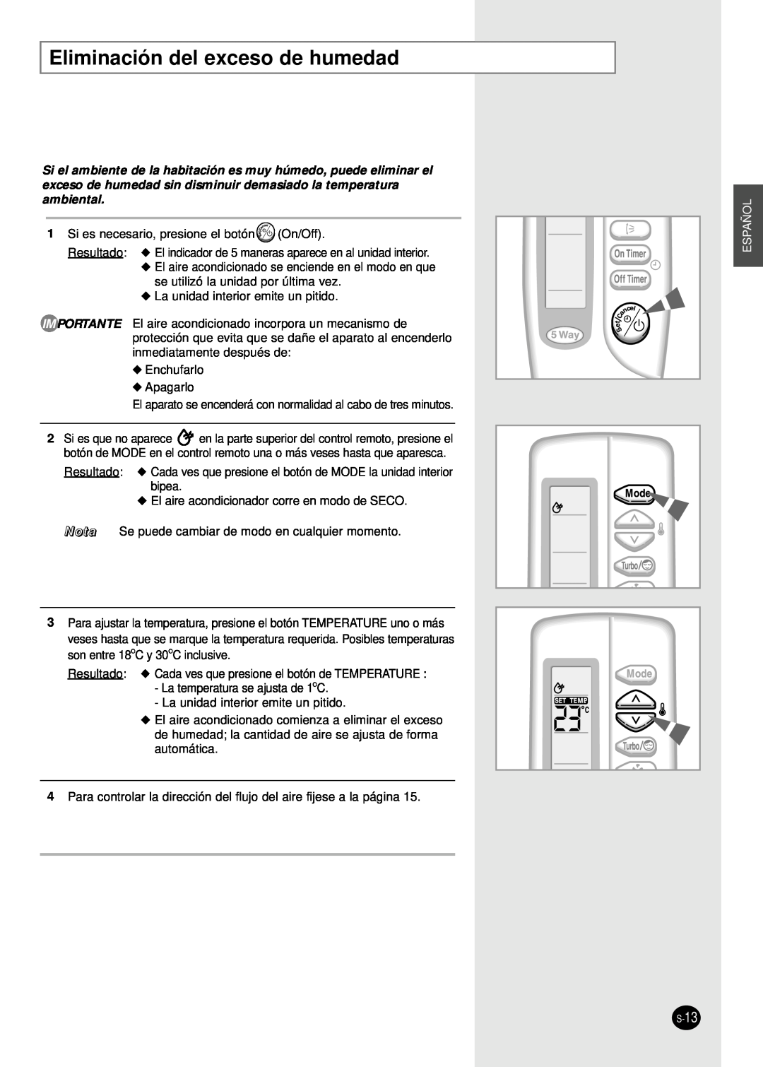 Samsung AM14B1(B2)E07 manuel dutilisation Eliminación del exceso de humedad, Español 