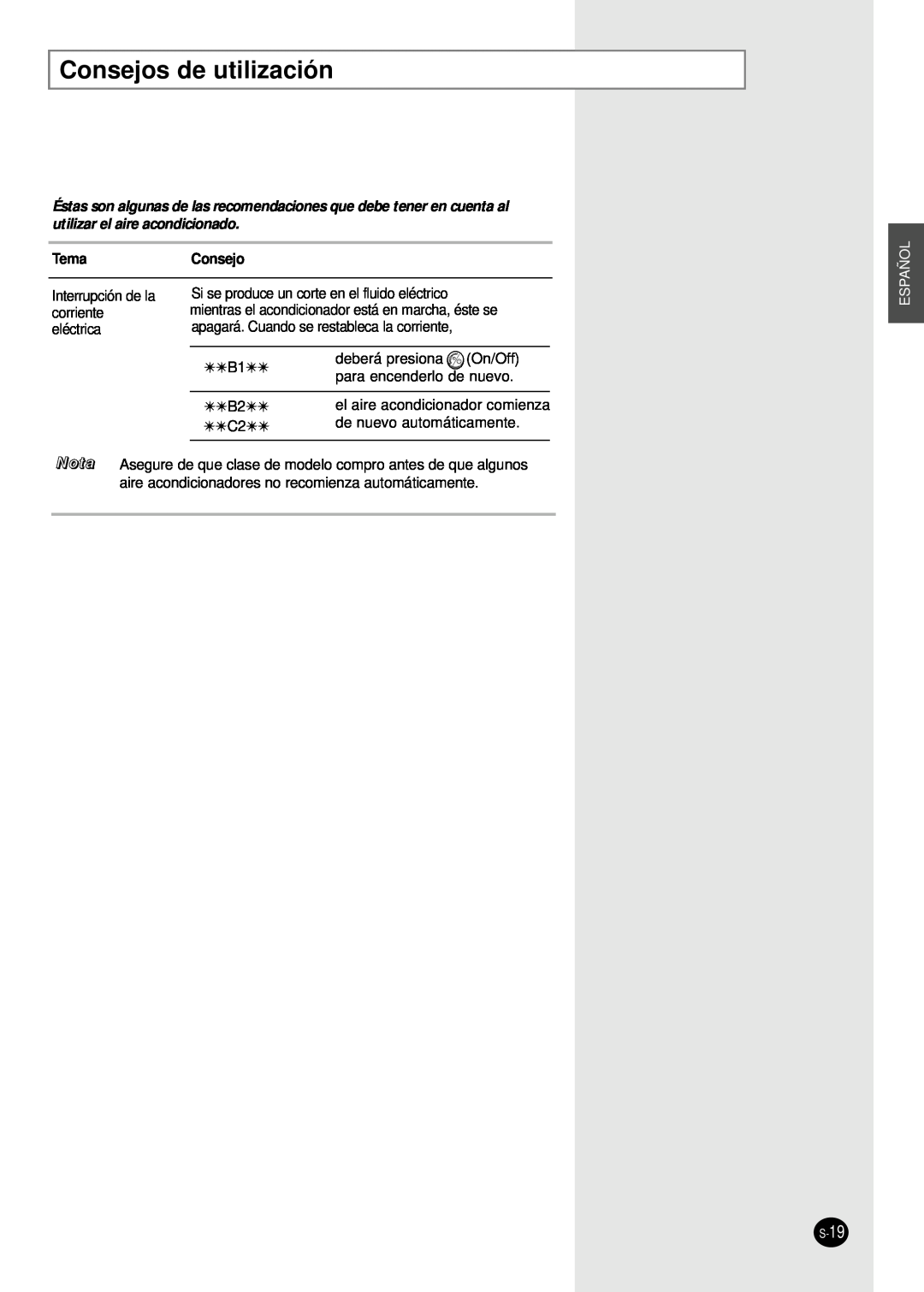 Samsung AM14B1(B2)E07 manuel dutilisation Consejos de utilización, TemaConsejo, Nota, Español 
