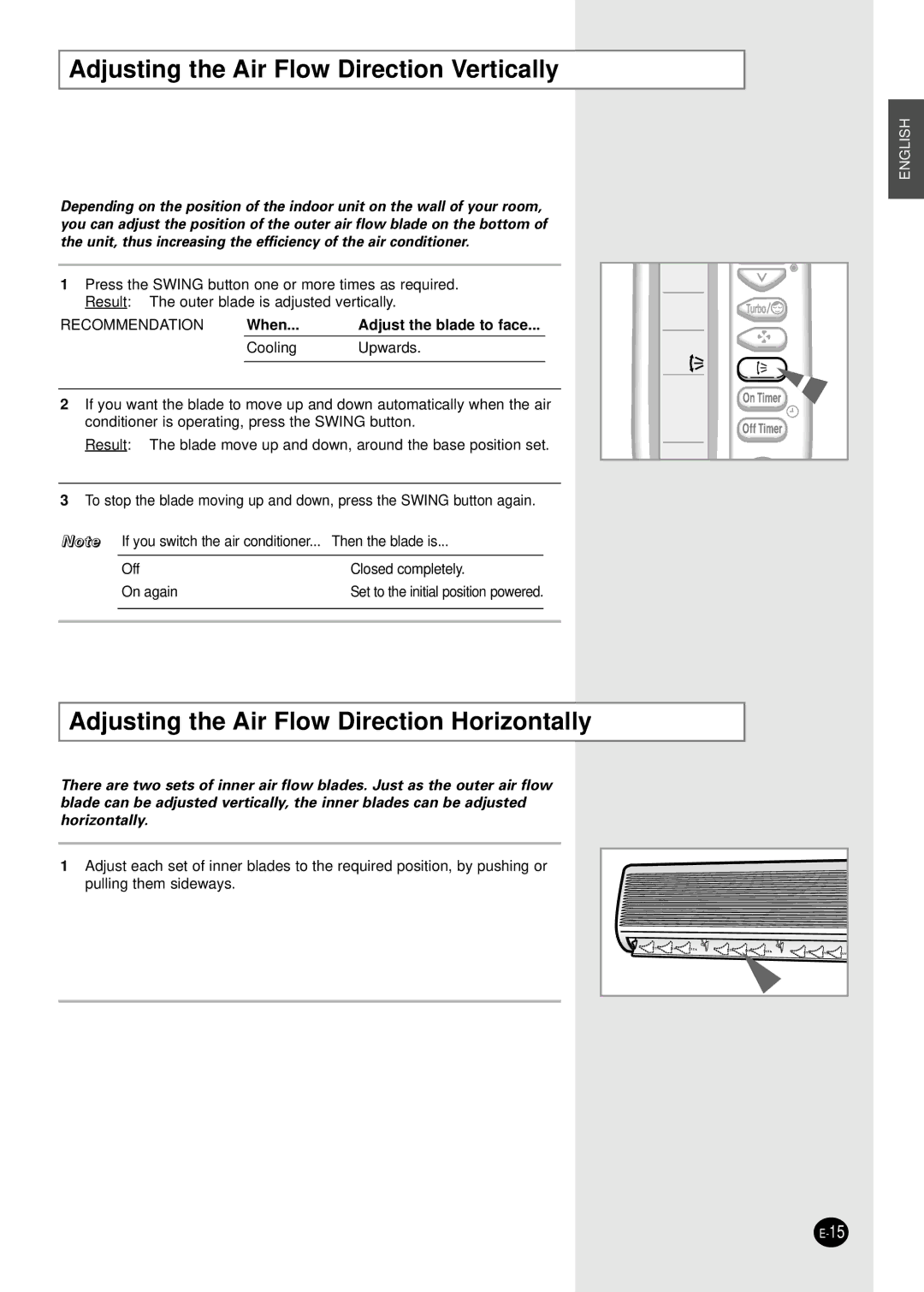 Samsung AM18B1(B2)C09 Adjusting the Air Flow Direction Vertically, Adjusting the Air Flow Direction Horizontally 