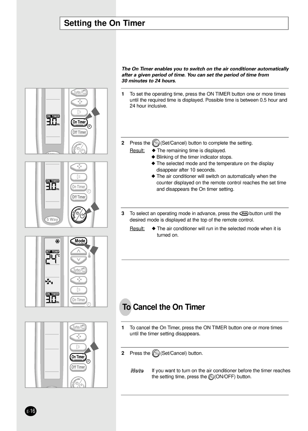 Samsung AM18B1(B2)C09 installation manual Setting the On Timer, To Cancel the On Timer 