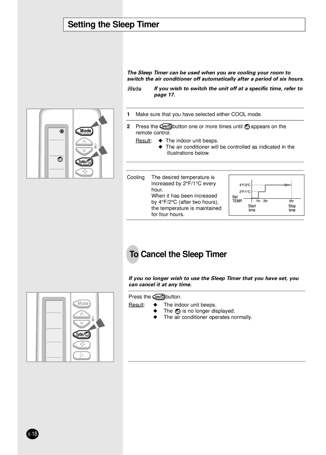 Samsung AM18B1(B2)C09 installation manual Setting the Sleep Timer, To Cancel the Sleep Timer 