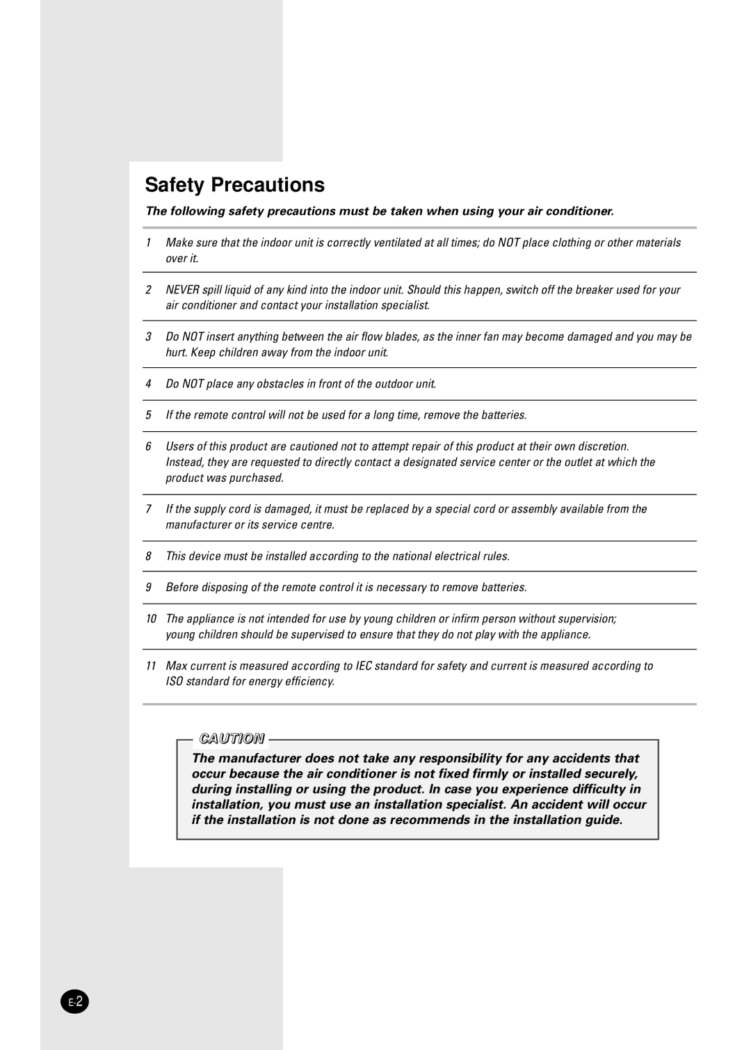 Samsung AM18B1(B2)C09 installation manual Safety Precautions 