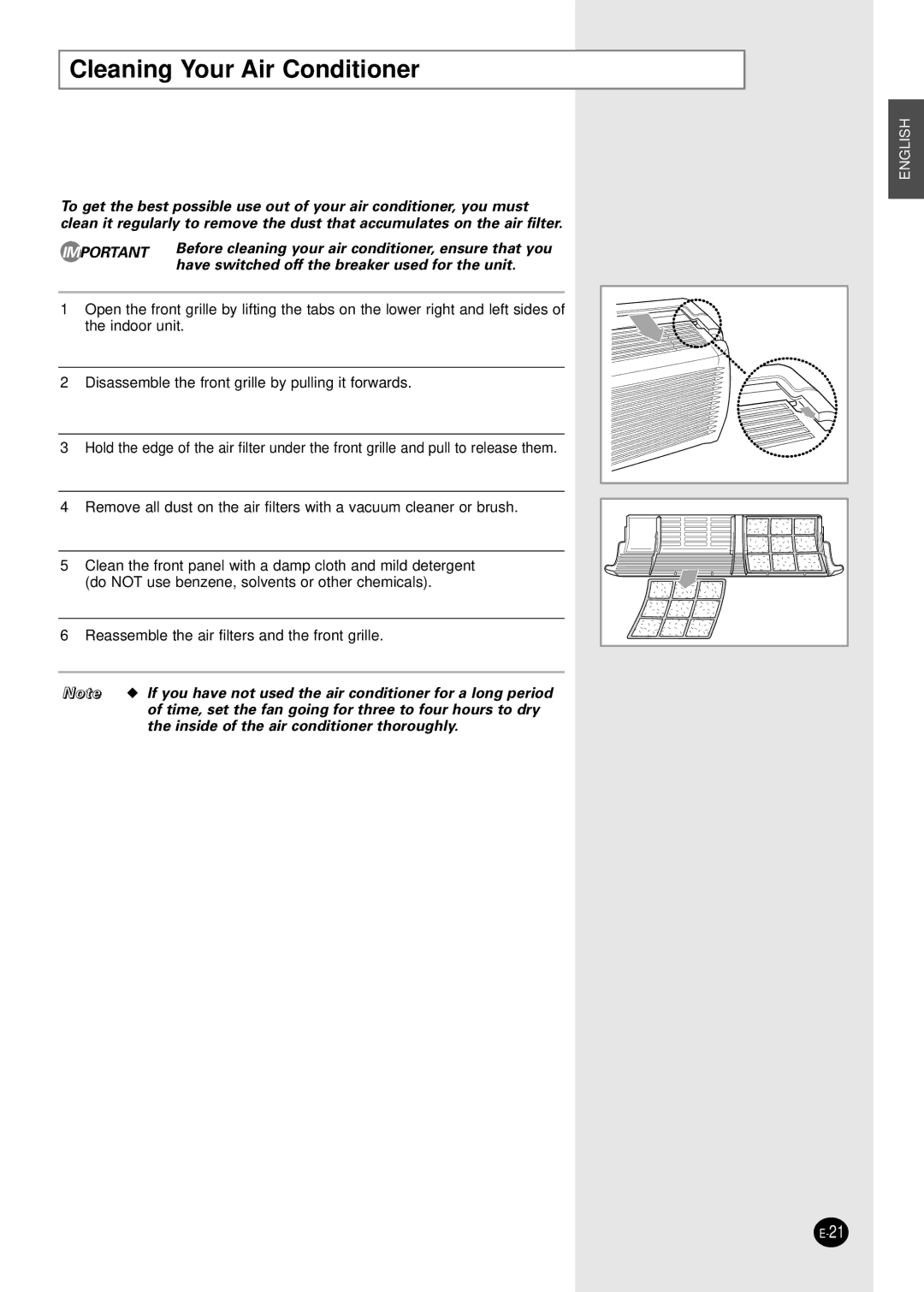 Samsung AM18B1(B2)C09 installation manual Cleaning Your Air Conditioner, Have switched off the breaker used for the unit 