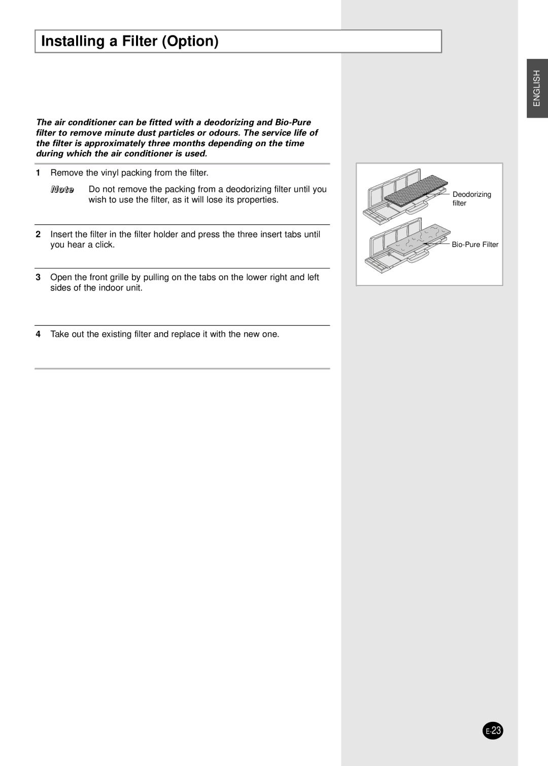 Samsung AM18B1(B2)C09 installation manual Installing a Filter Option 