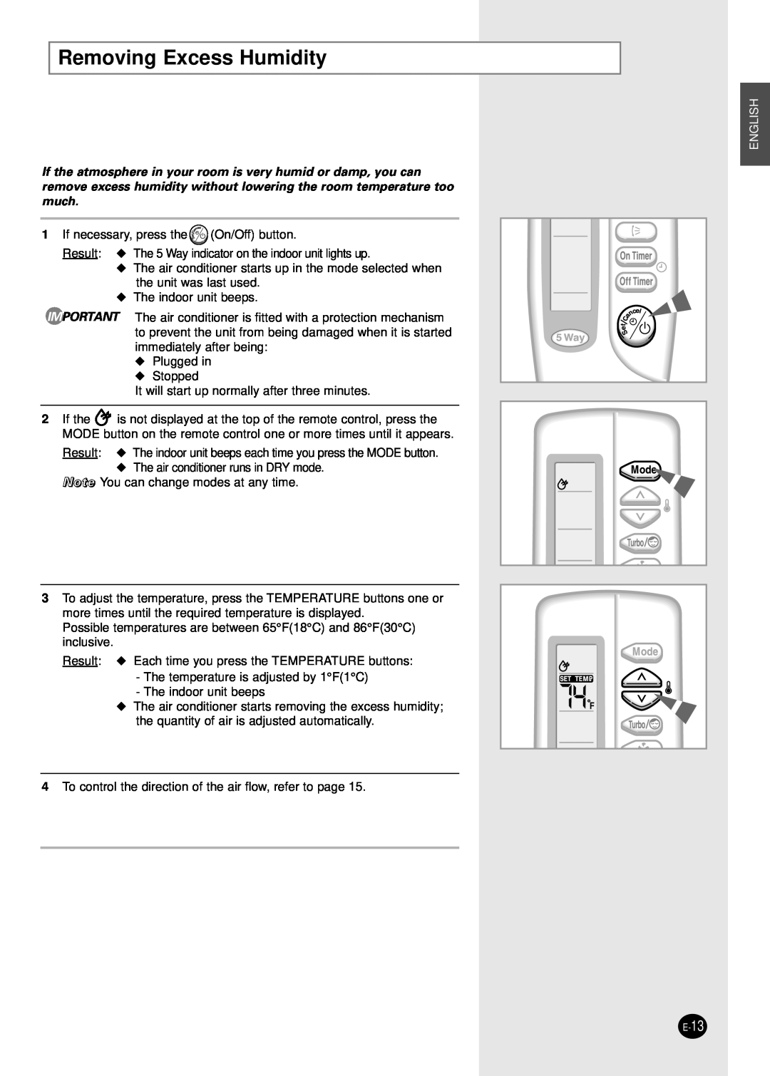 Samsung AM18B1(B2)C09 installation manual Removing Excess Humidity, English 