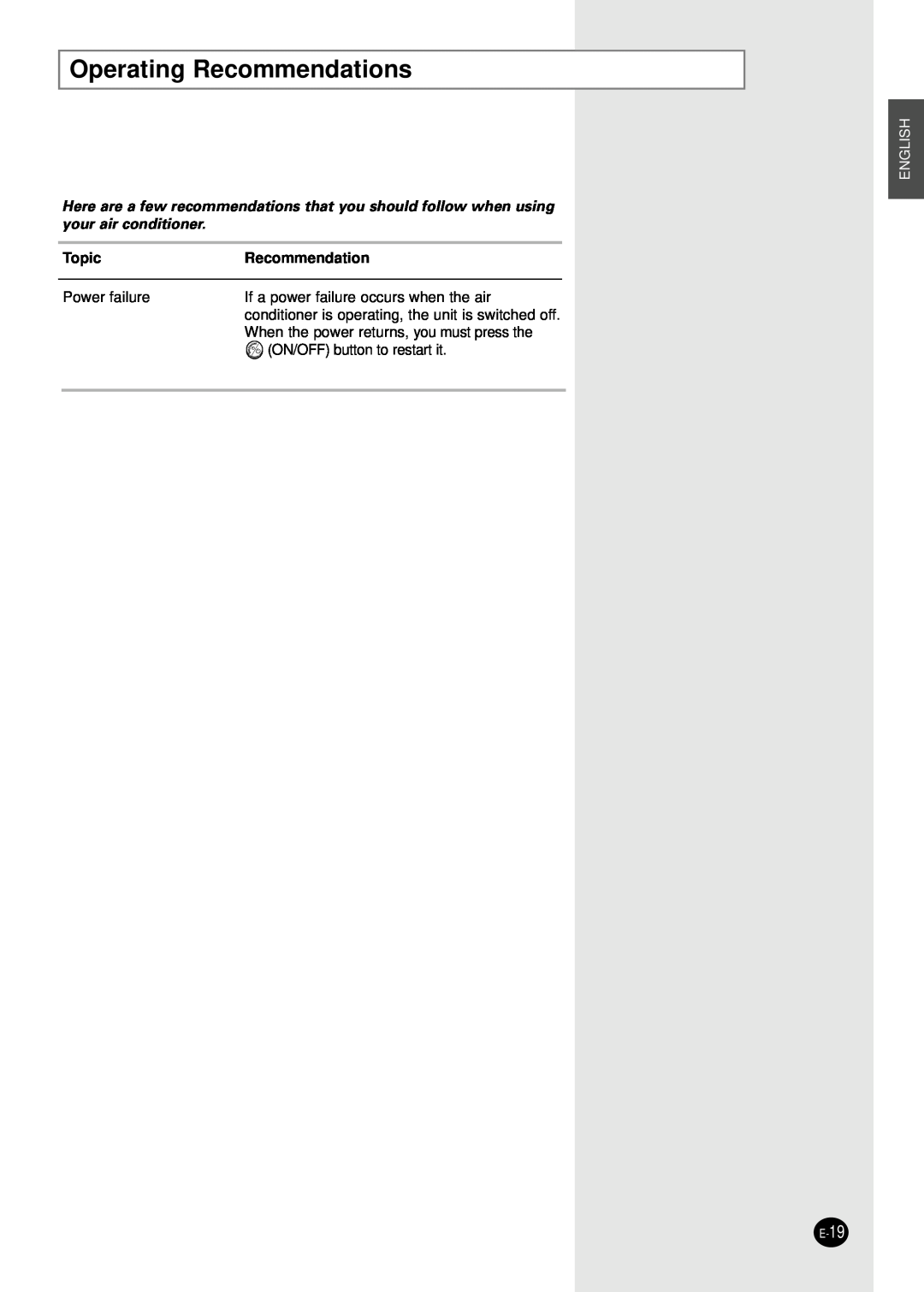 Samsung AM18B1(B2)C09 installation manual Operating Recommendations, English, TopicRecommendation, E-19 