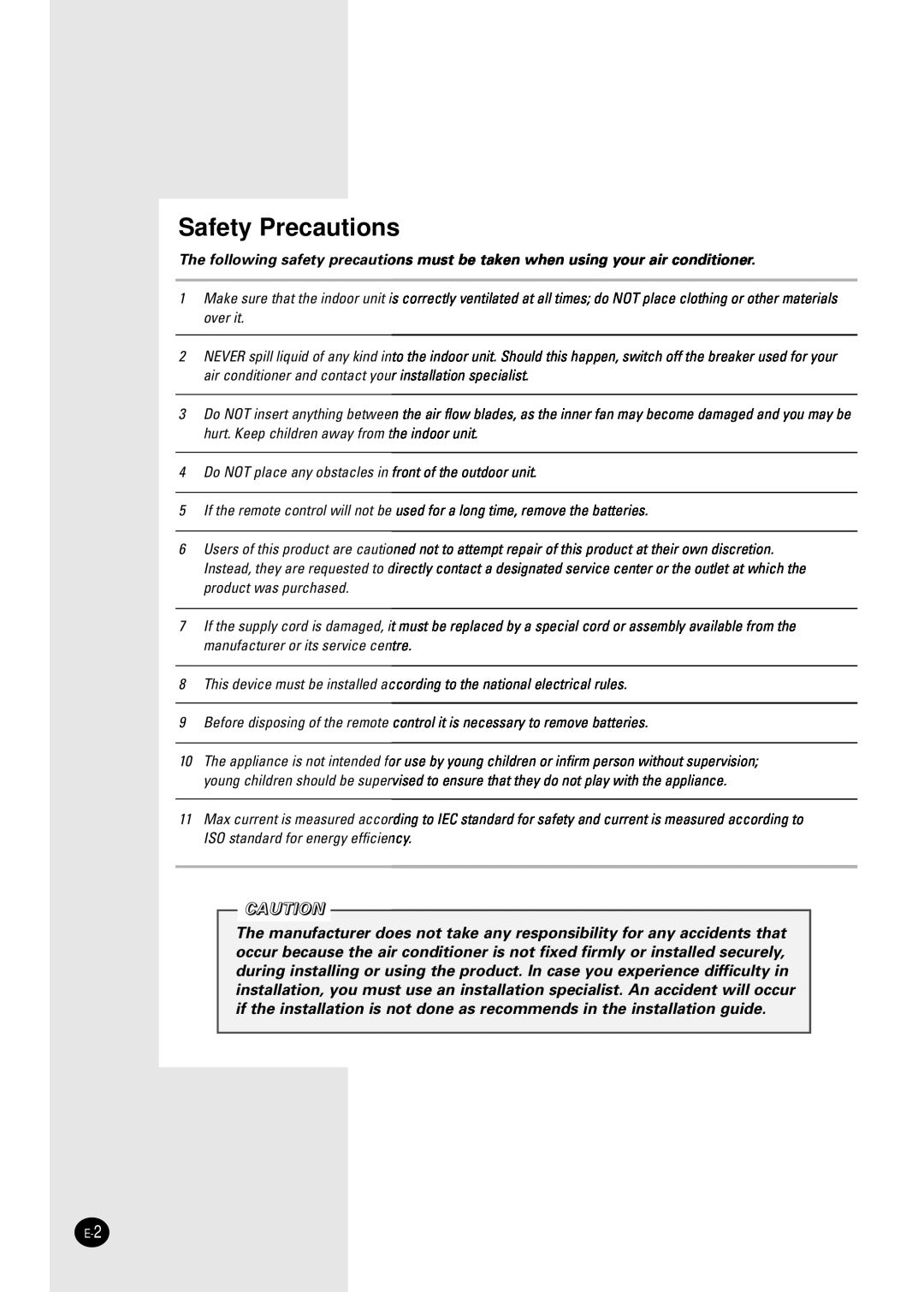 Samsung AM18B1(B2)C09 installation manual Safety Precautions 