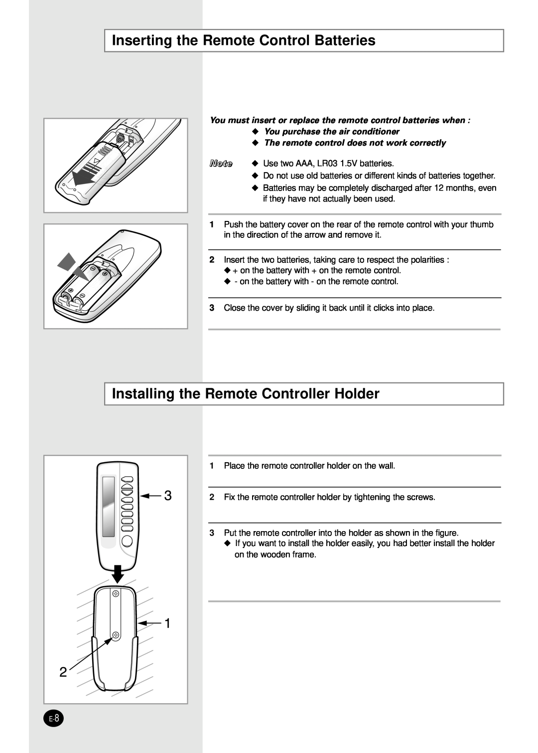 Samsung AM18B1C09 installation manual Inserting the Remote Control Batteries, Installing the Remote Controller Holder 