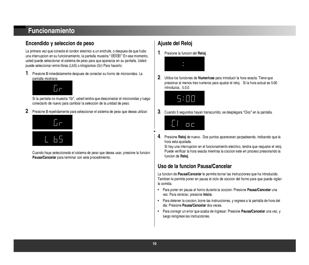 Samsung AMW617W/ST manual Funcionamiento, Encendido y seleccion de peso, Ajuste del Reloj, Uso de la funcion Pausa/Cancelar 