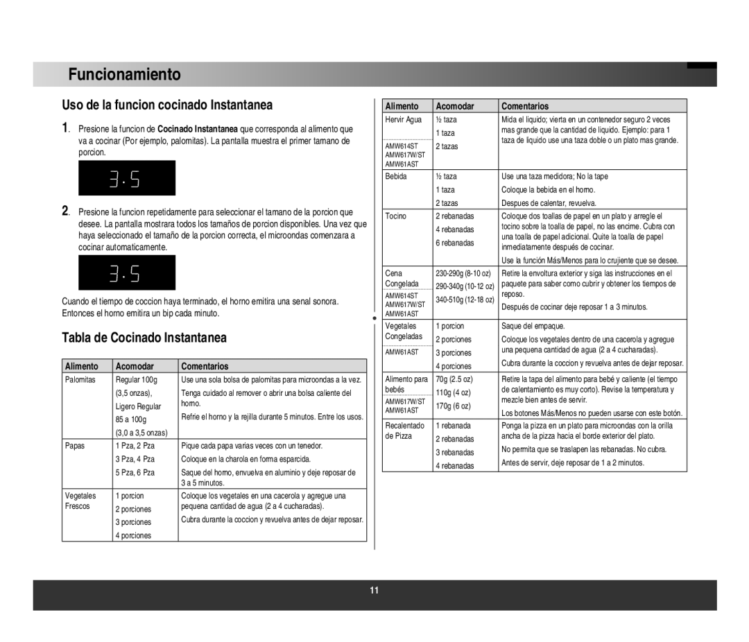 Samsung AMW614ST, AMW612W/ST manual Funcionamiento, Uso de la funcion cocinado Instantanea, Tabla de Cocinado Instantanea 