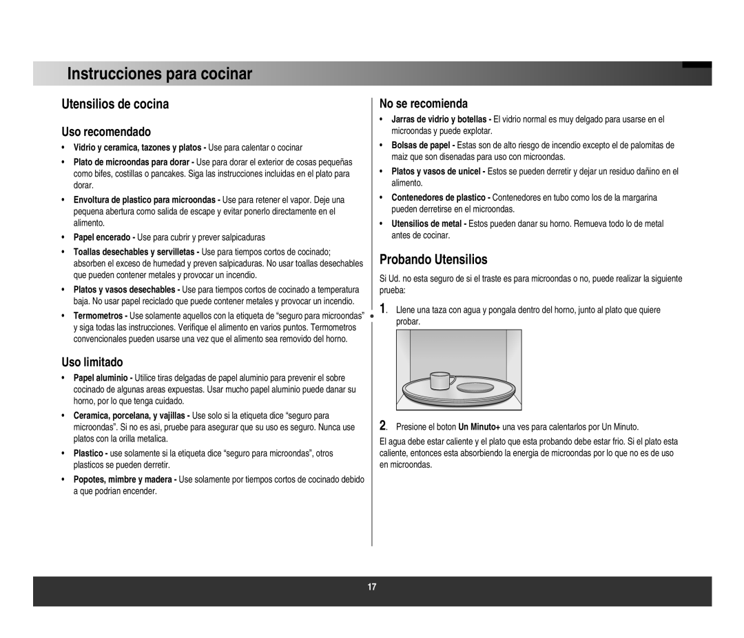 Samsung AMW61AST, AMW612W/ST, AMW617W/ST, AMW614ST Instrucciones para cocinar, Utensilios de cocina, Probando Utensilios 