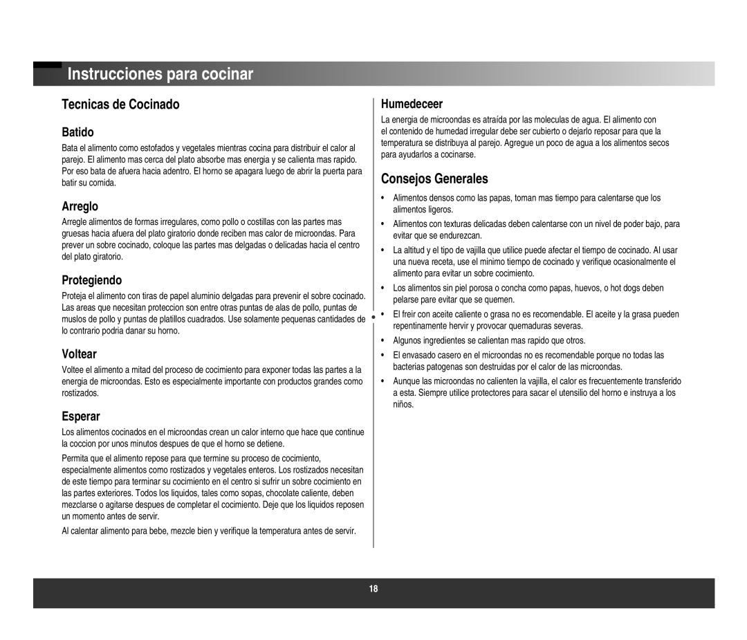 Samsung AMW617W/ST, AMW612W/ST, AMW61AST, AMW614ST manual Instrucciones para cocinar, Tecnicas de Cocinado, Consejos Generales 