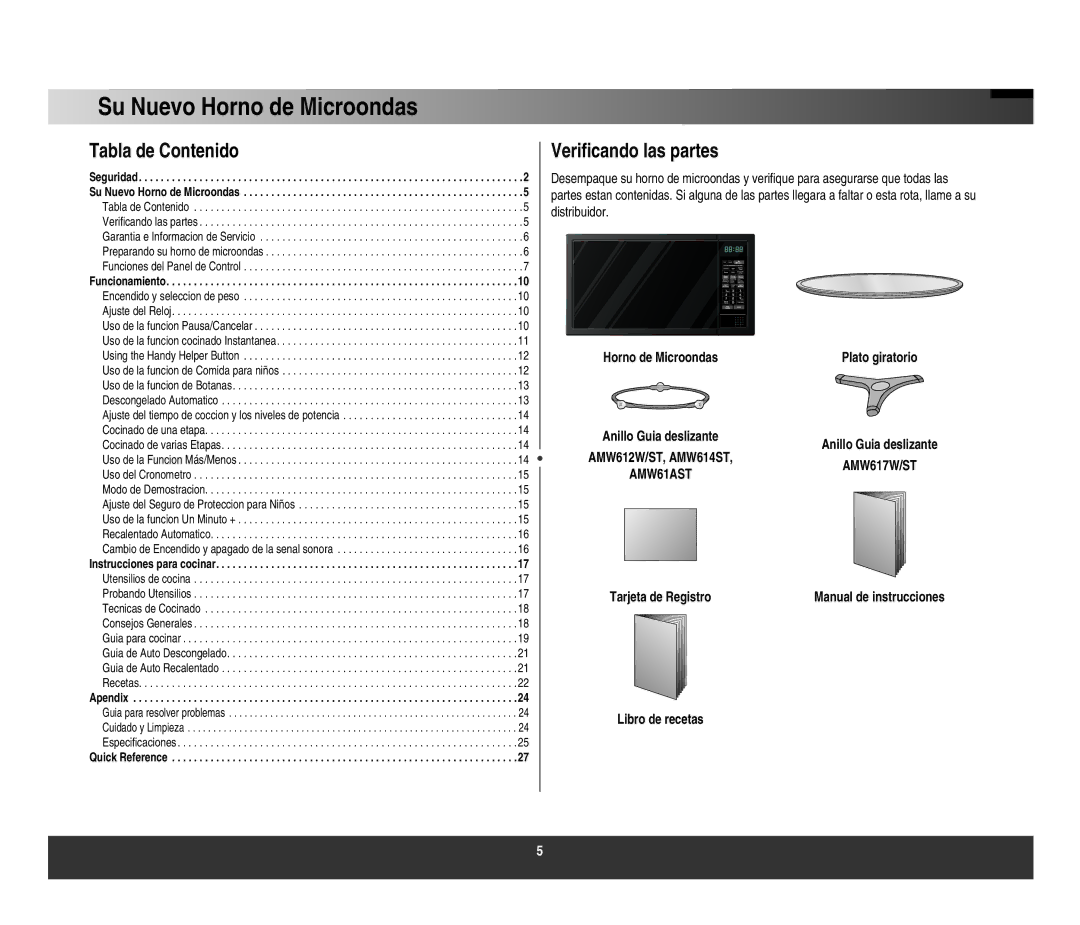 Samsung AMW61AST, AMW612W/ST, AMW617W/ST, AMW614ST Su Nuevo Horno de Microondas, Tabla de Contenido, Veriﬁcando las partes 