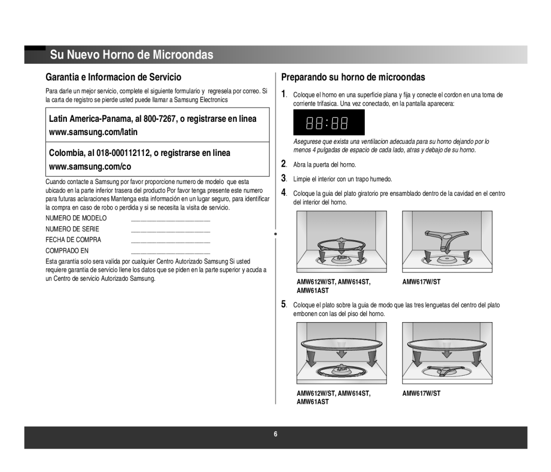 Samsung AMW617W/ST Su Nuevo Horno de Microondas, Garantia e Informacion de Servicio, Preparando su horno de microondas 