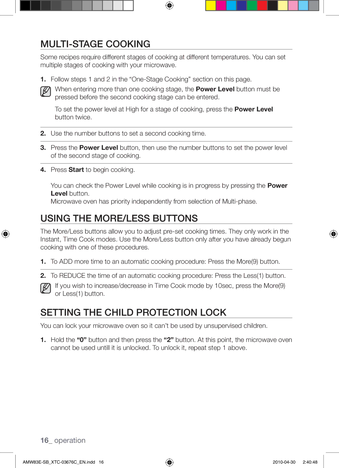 Samsung AMW83E-SB/XTC manual Multi-stage Cooking, Using the More/Less Buttons, Setting the child protection lock 