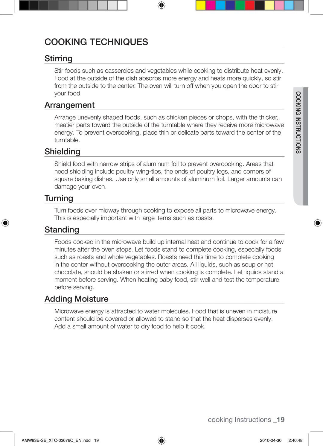 Samsung AMW83E-SB/XTC manual Cooking Techniques 