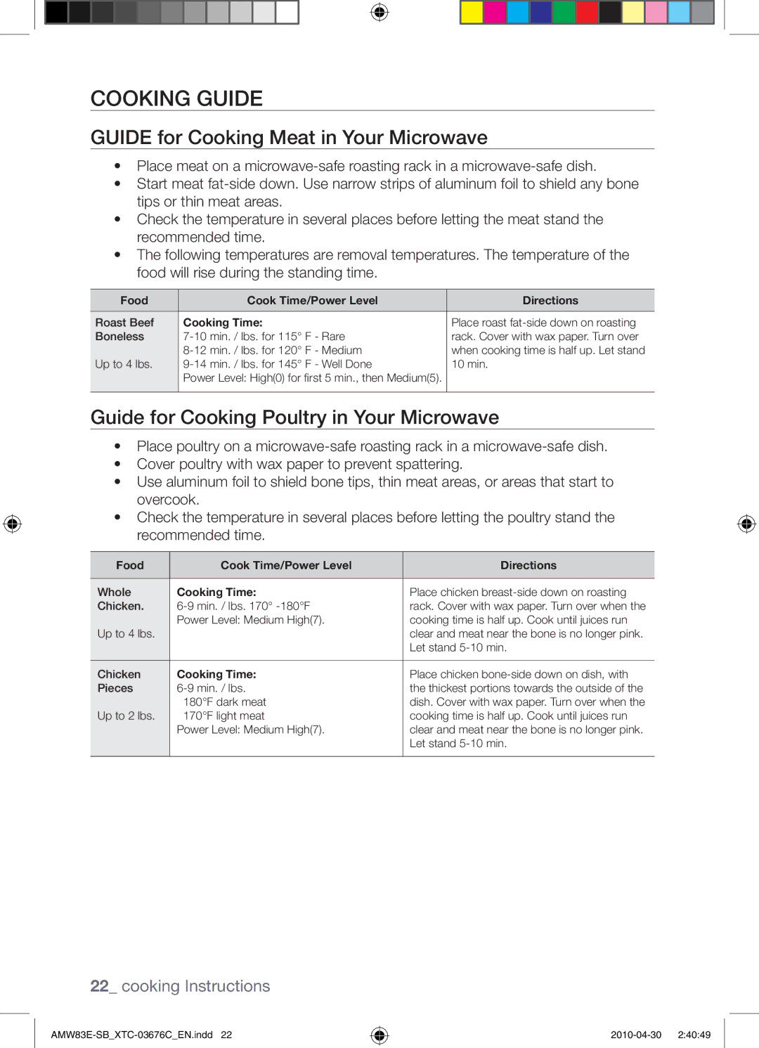 Samsung AMW83E-SB/XTC Cooking Guide, Guide for Cooking Meat in Your Microwave, Guide for Cooking Poultry in Your Microwave 