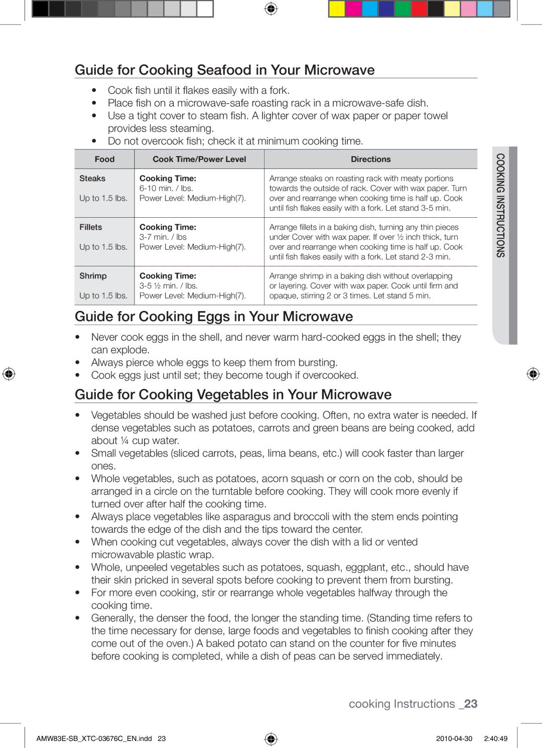 Samsung AMW83E-SB/XTC manual Guide for Cooking Seafood in Your Microwave, Guide for Cooking Eggs in Your Microwave 