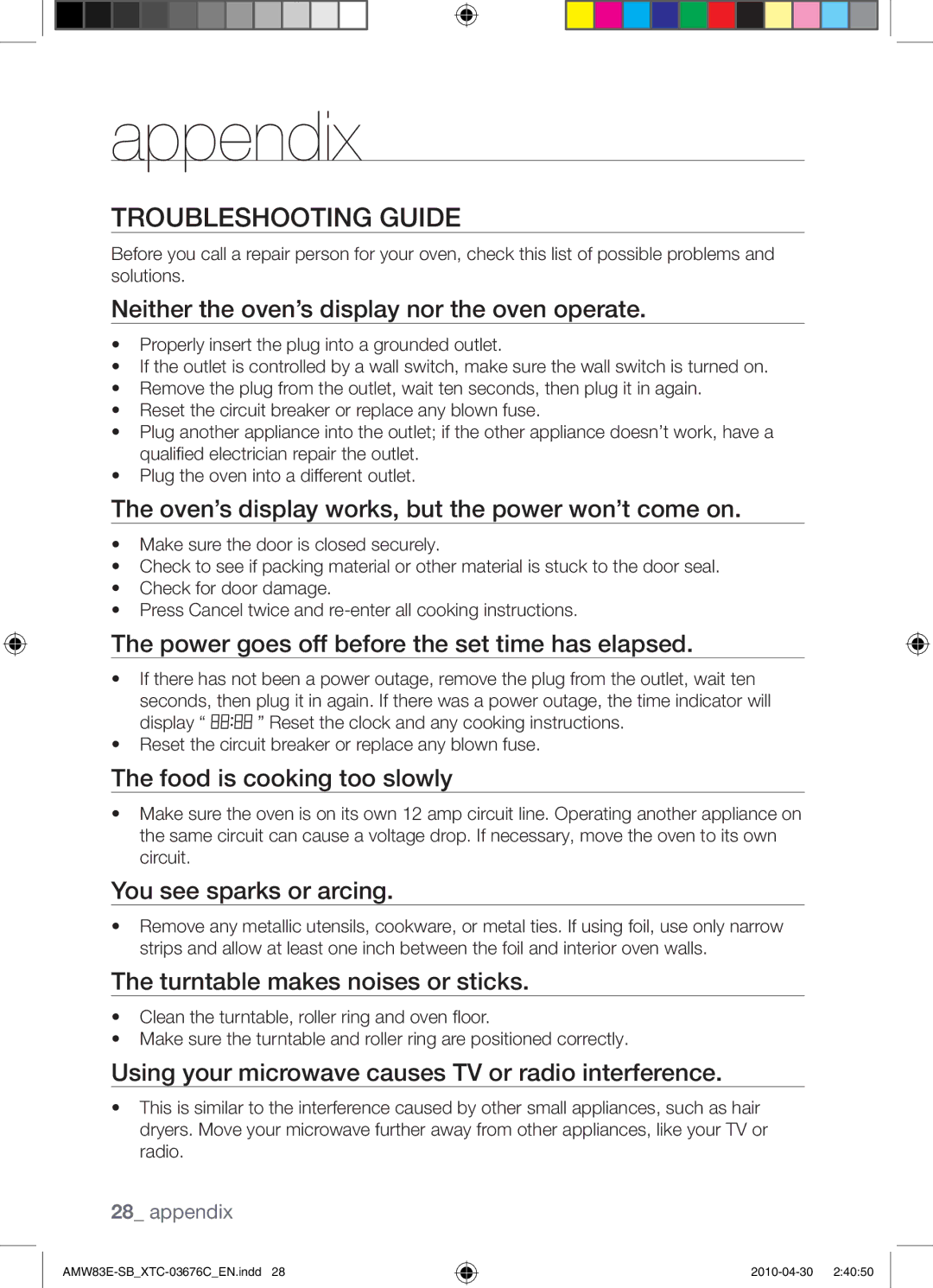 Samsung AMW83E-SB/XTC manual Appendix, Troubleshooting Guide 