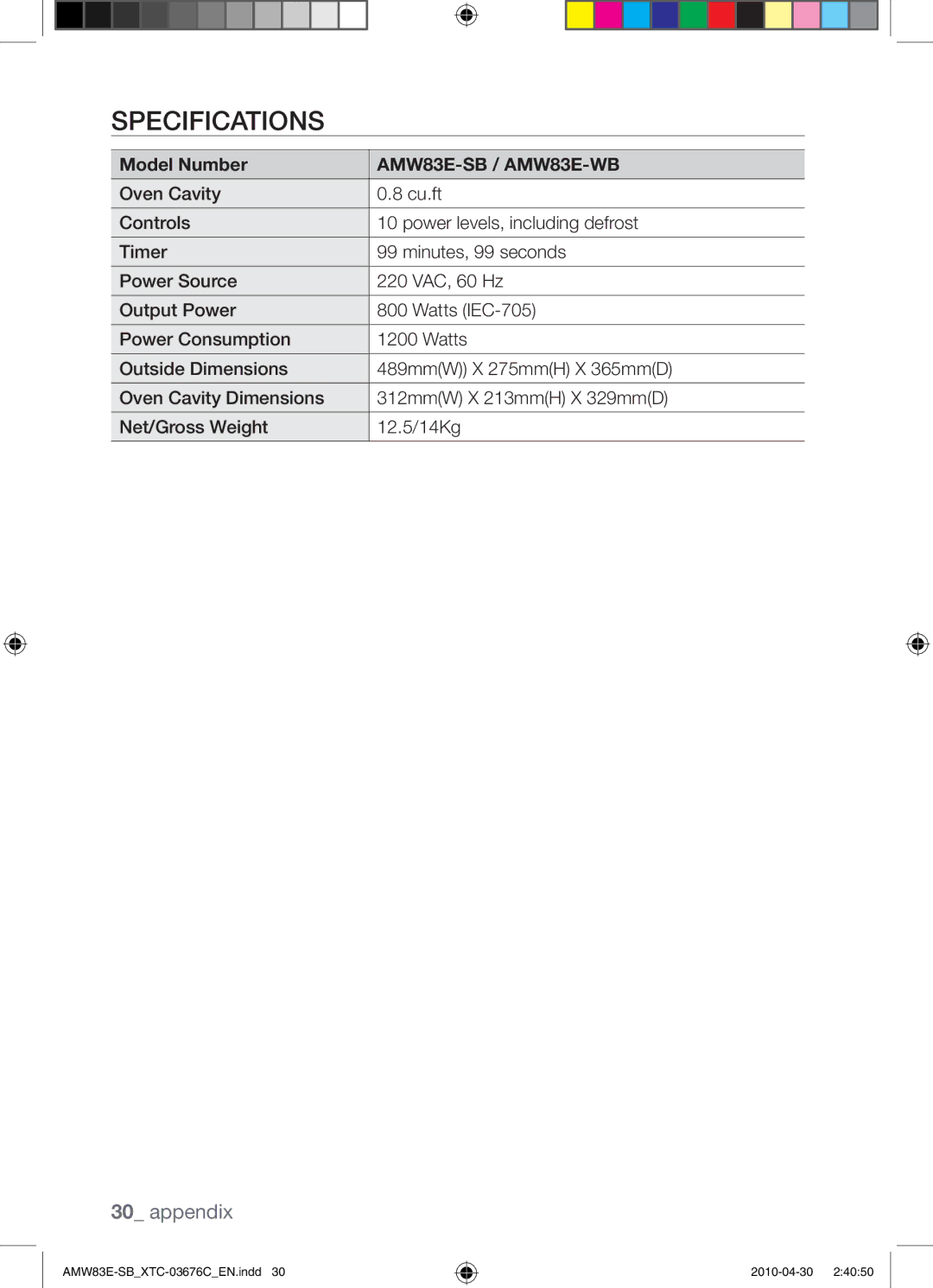 Samsung AMW83E-SB/XTC manual Specifications, Model Number 