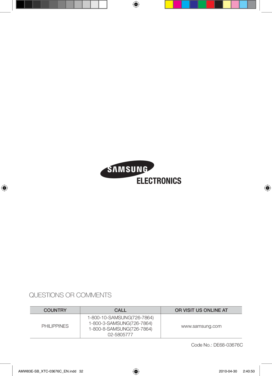 Samsung AMW83E-SB/XTC manual Questions or Comments 