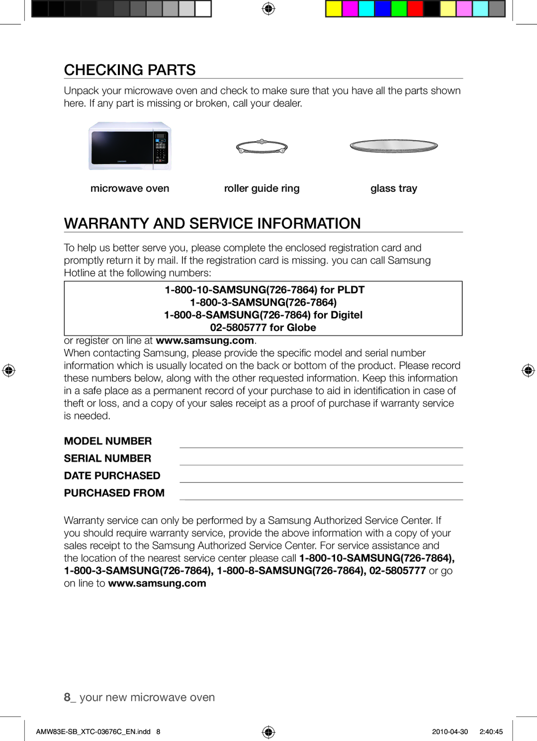 Samsung AMW83E-SB/XTC manual Checking Parts, Warranty and Service Information 