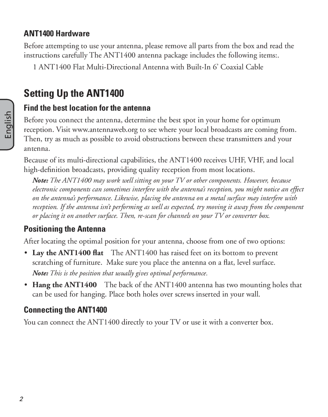 Samsung manual Setting Up the ANT1400, ANT1400 Hardware, Find the best location for the antenna, Positioning the Antenna 