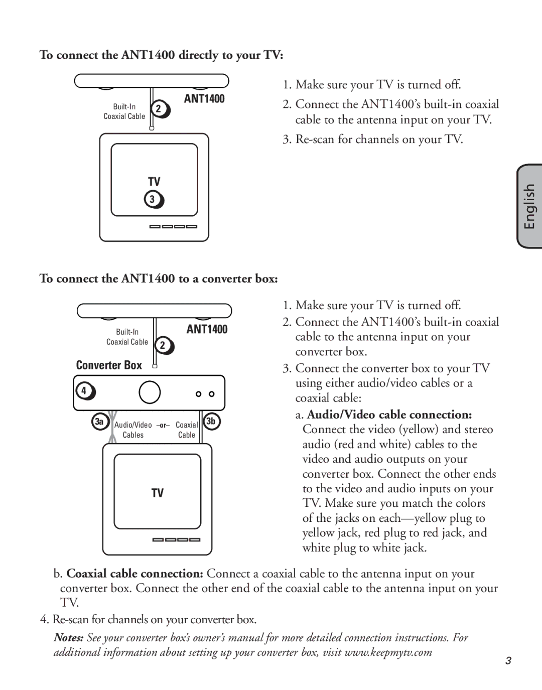 Samsung manual To connect the ANT1400 directly to your TV, To connect the ANT1400 to a converter box 