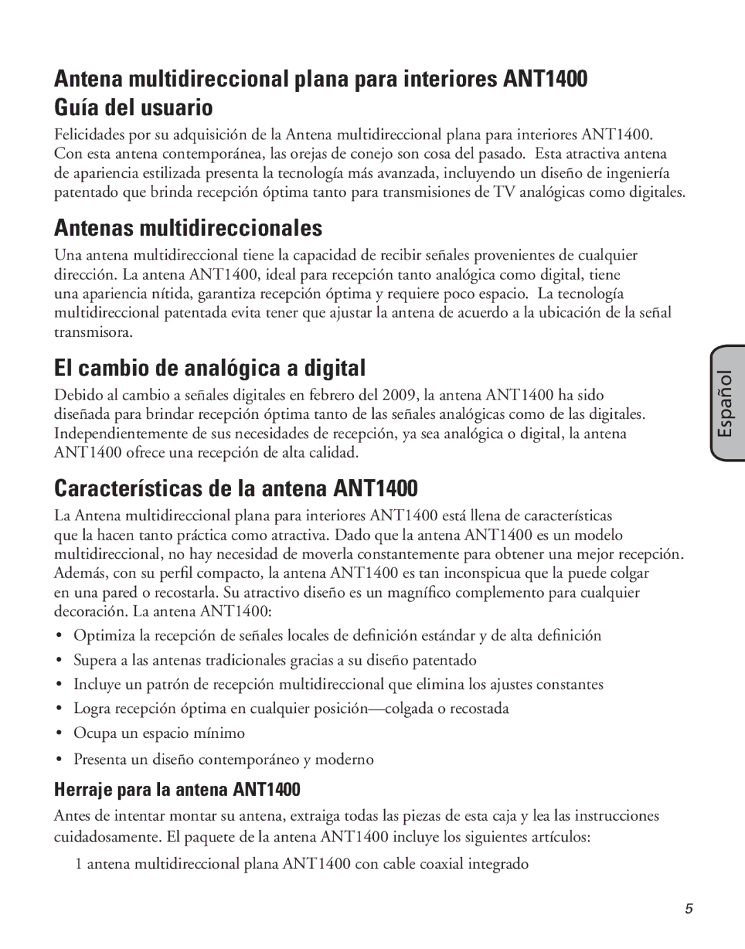 Samsung manual Antenas multidireccionales, El cambio de analógica a digital, Características de la antena ANT1400 