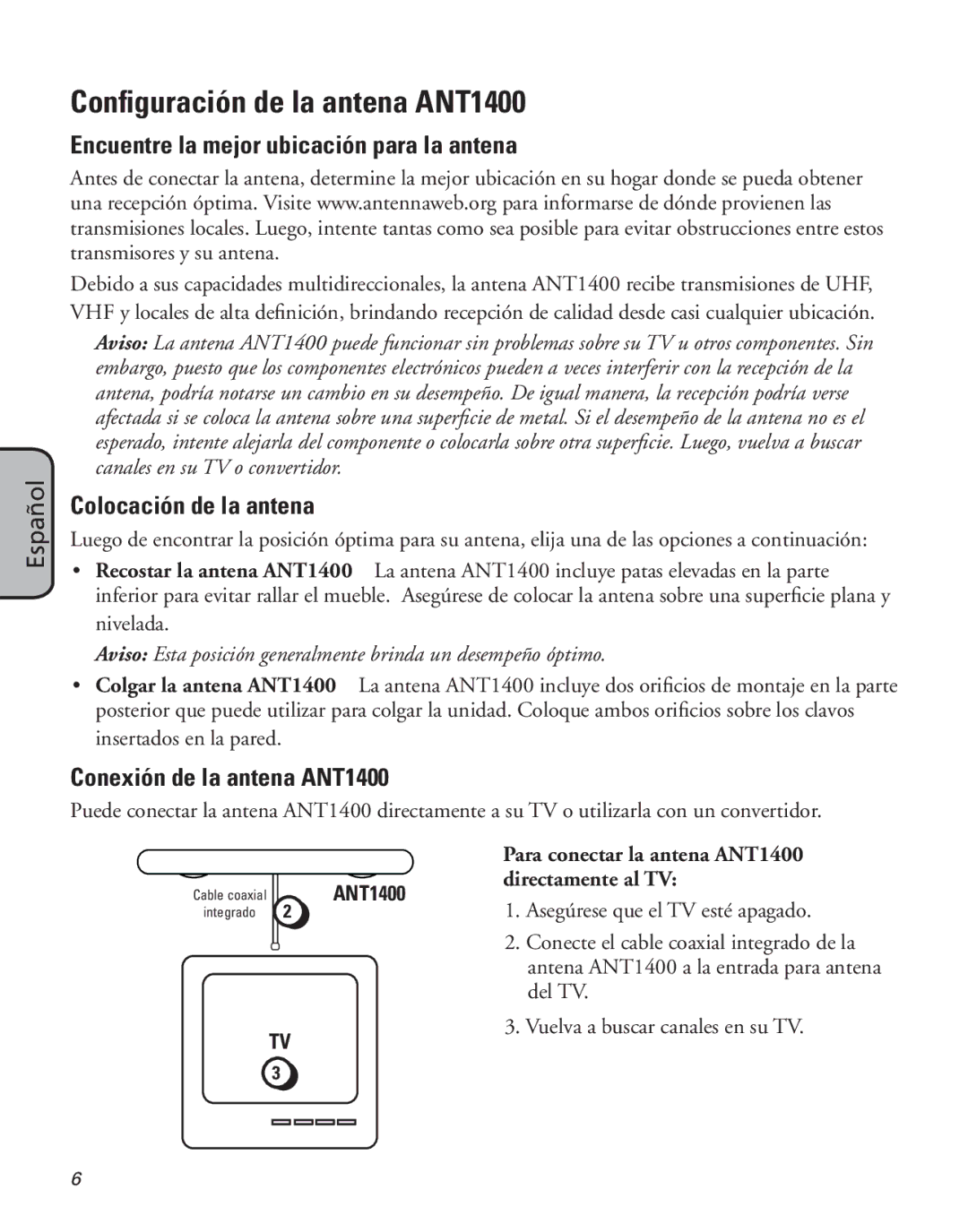 Samsung manual Configuración de la antena ANT1400, Encuentre la mejor ubicación para la antena, Colocación de la antena 