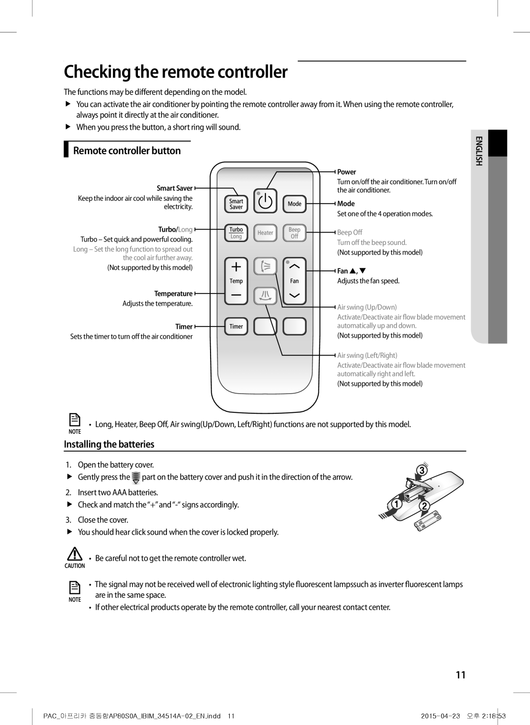 Samsung AP0AS0ANXSG manual Checking the remote controller, Remote controller button, Installing the batteries 