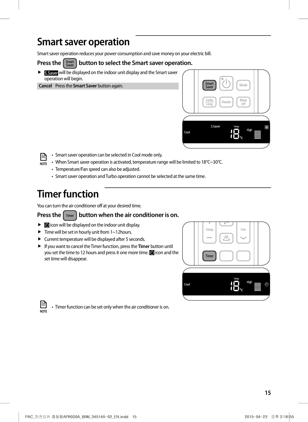 Samsung AP0AS0ANXSG manual Smart saver operation, Timer function, Press the button when the air conditioner is on 