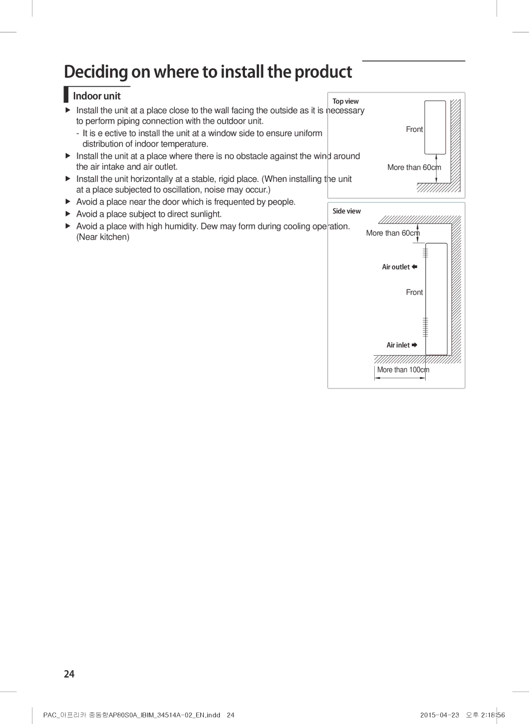 Samsung AP0AS0ANXSG manual Deciding on where to install the product, Indoor unit 