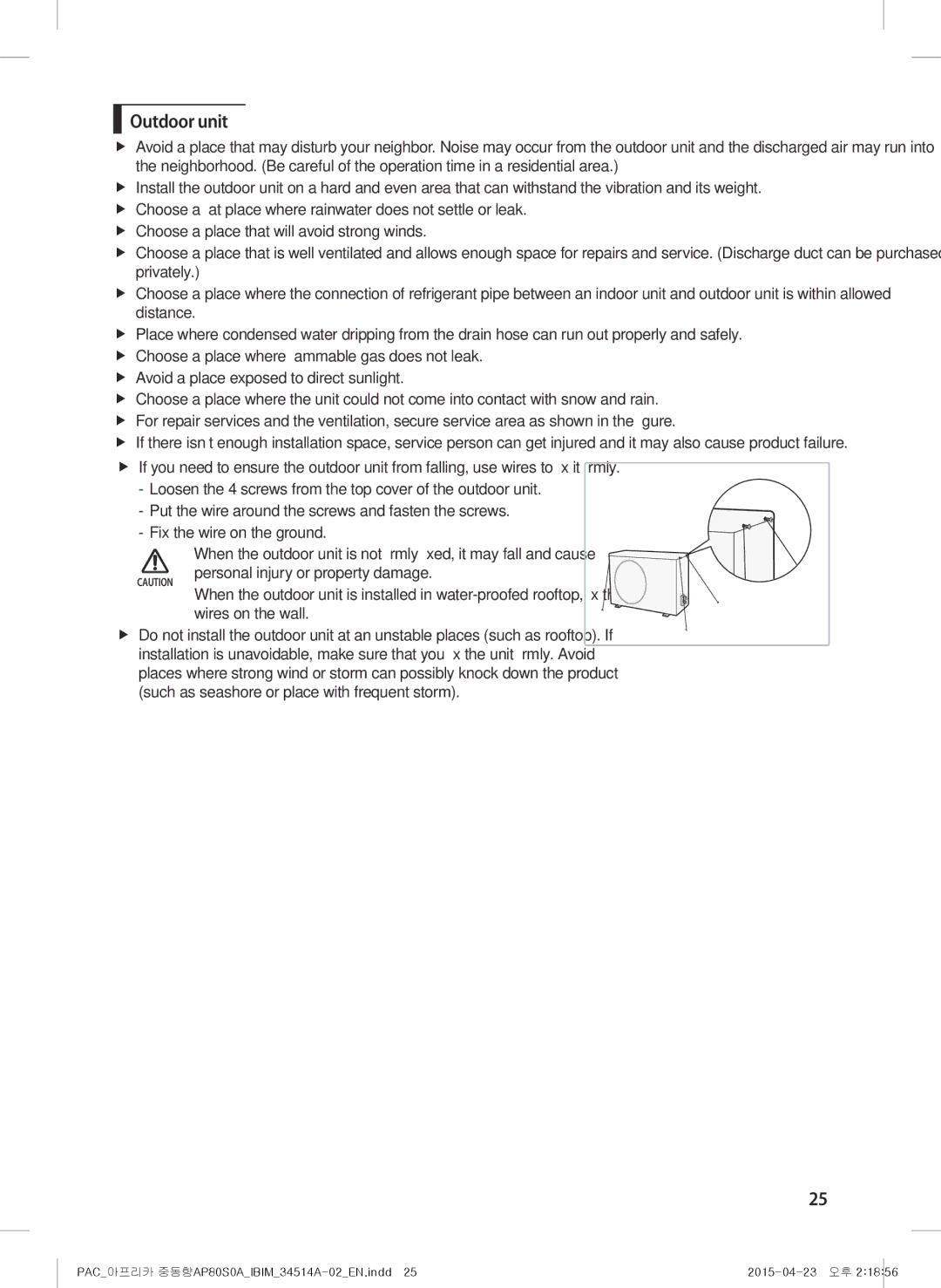 Samsung AP0AS0ANXSG manual Outdoor unit, Fix the wire on the ground, Personal injury or property damage, Wires on the wall 