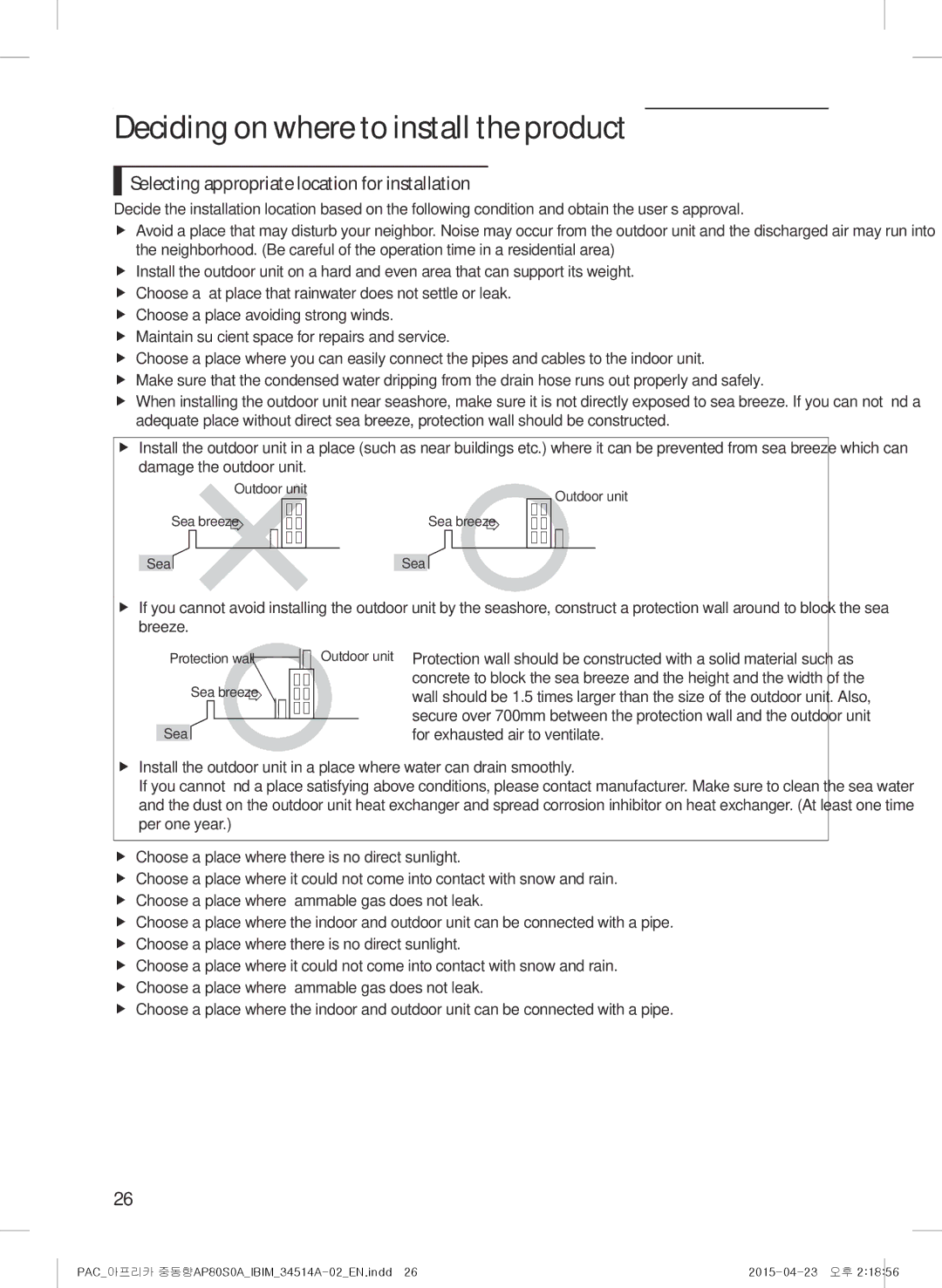 Samsung AP0AS0ANXSG manual Selecting appropriate location for installation 