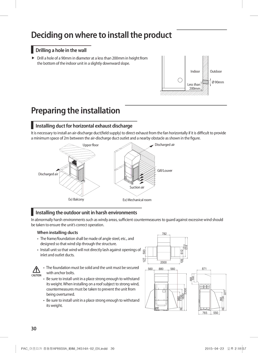 Samsung AP0AS0ANXSG manual Preparing the installation, Drilling a hole in the wall, When installing ducts 