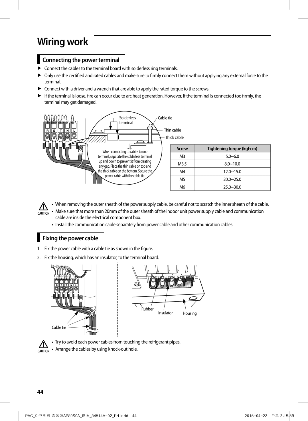 Samsung AP0AS0ANXSG manual Connecting the power terminal, Fixing the power cable, Screw Tightening torque kgf∙cm 