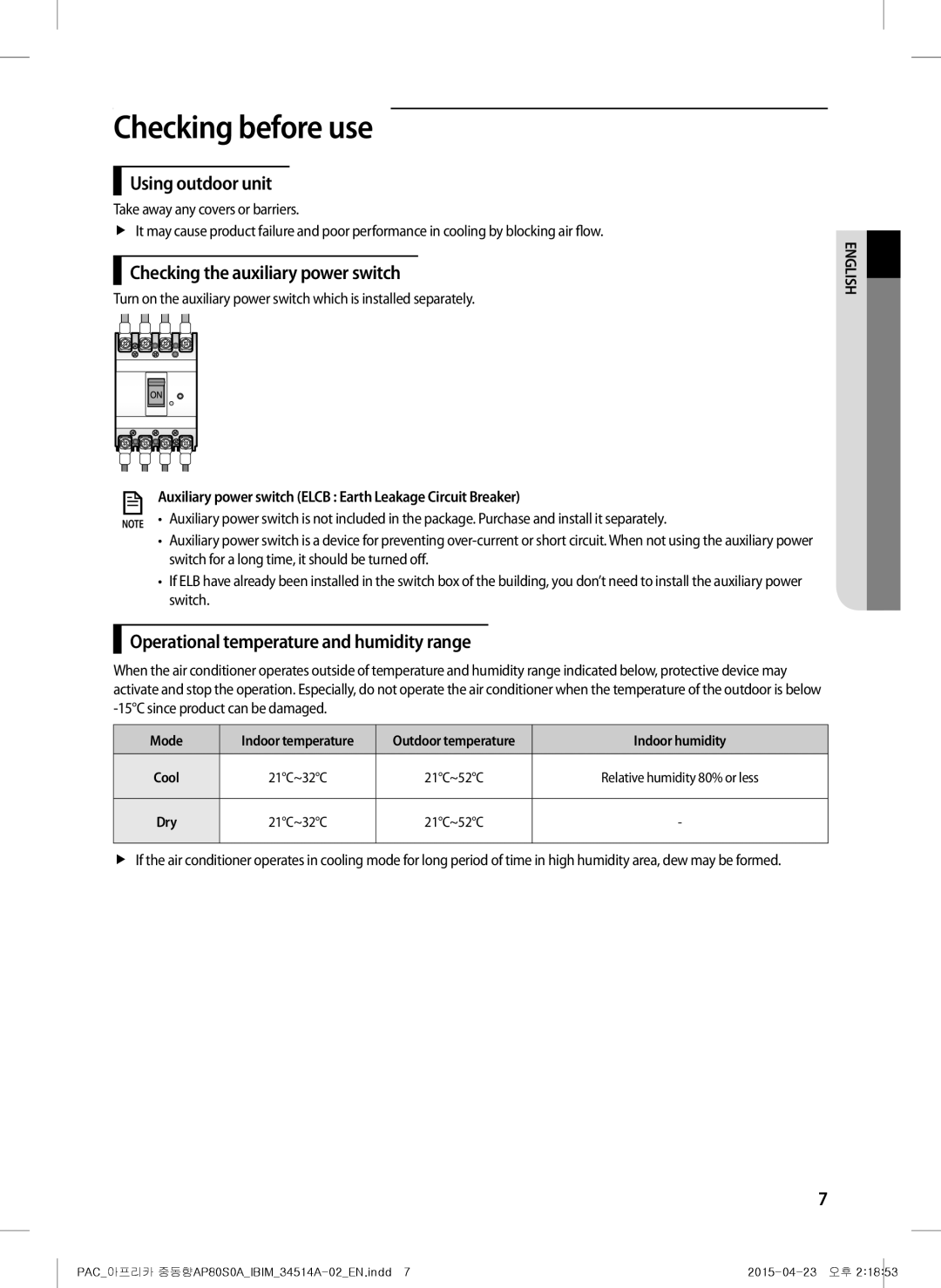 Samsung AP0AS0ANXSG manual Checking before use, Using outdoor unit, Checking the auxiliary power switch 