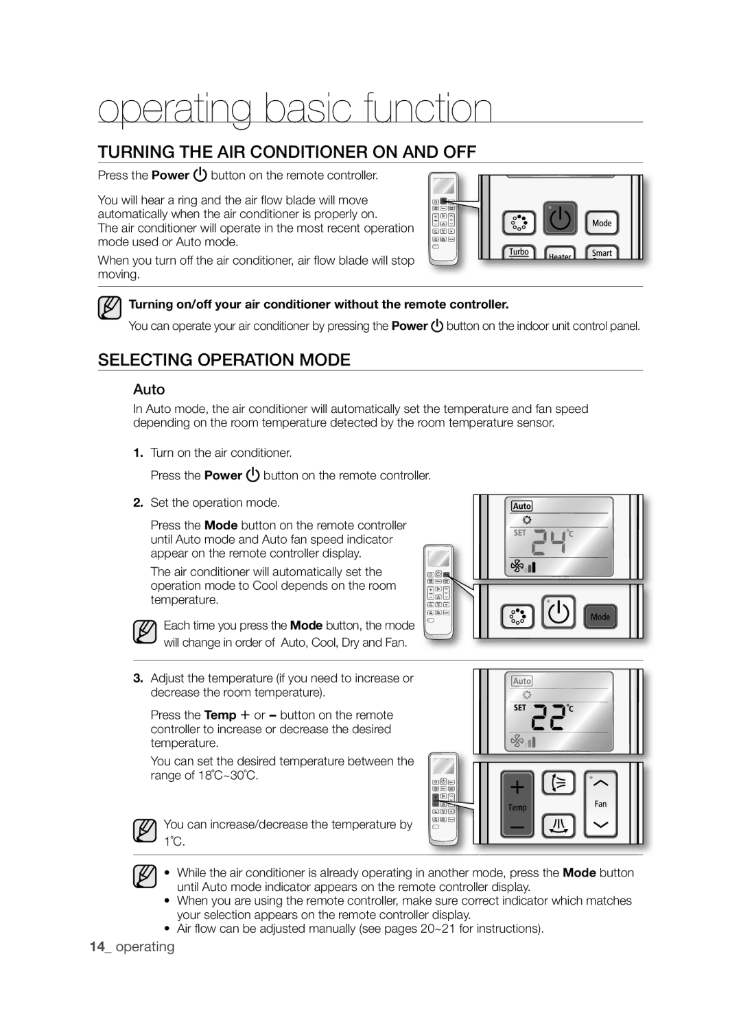 Samsung AP30M0AXUMG manual Operating basic function, Turning the AIR Conditioner on and OFF, Selecting Operation Mode, Auto 