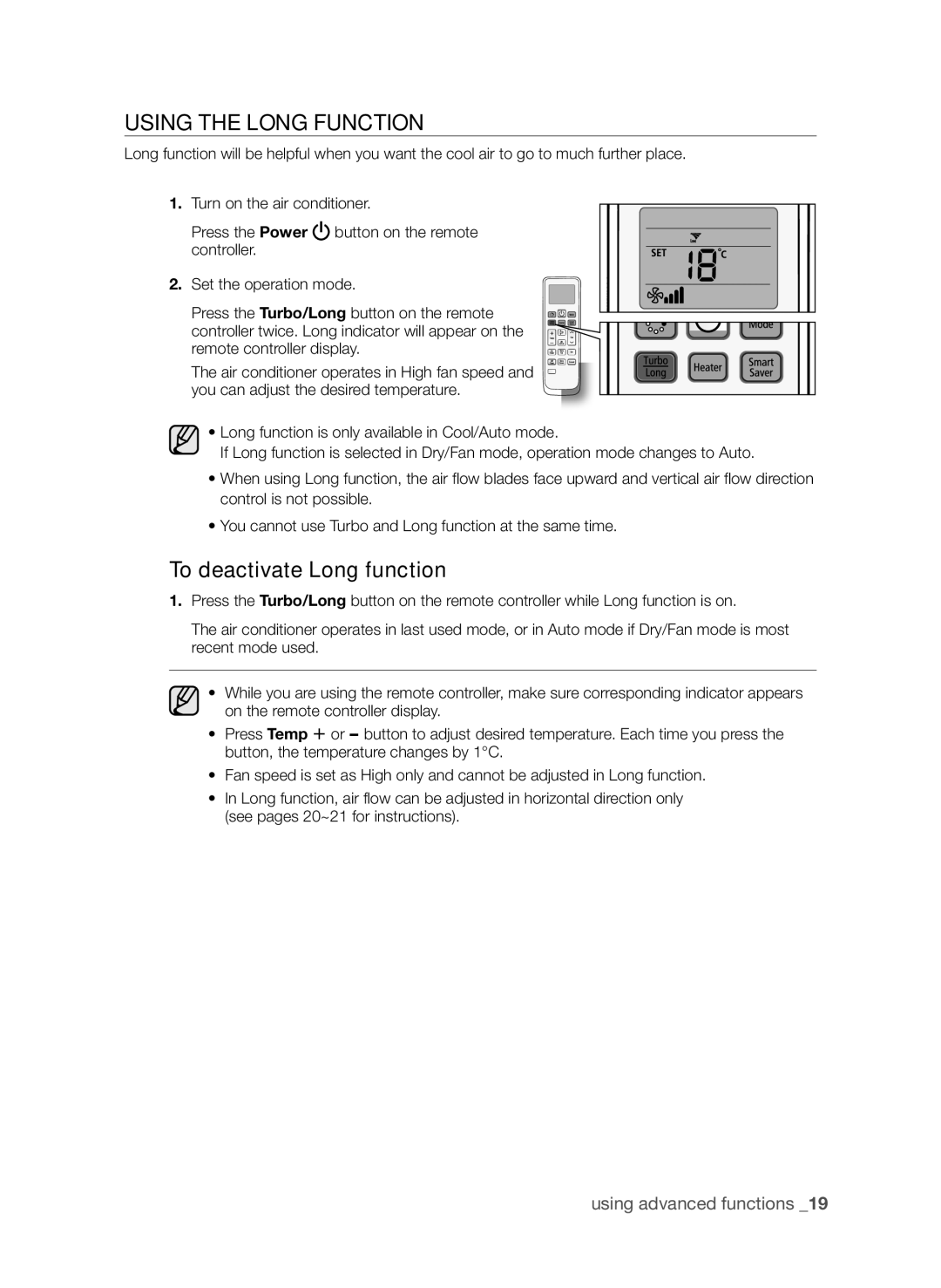 Samsung AP30M0AXXSG, AP30M0ANXSG, AP30M0ANUMG, AP30M0AXUMG manual Using the Long Function, To deactivate Long function 