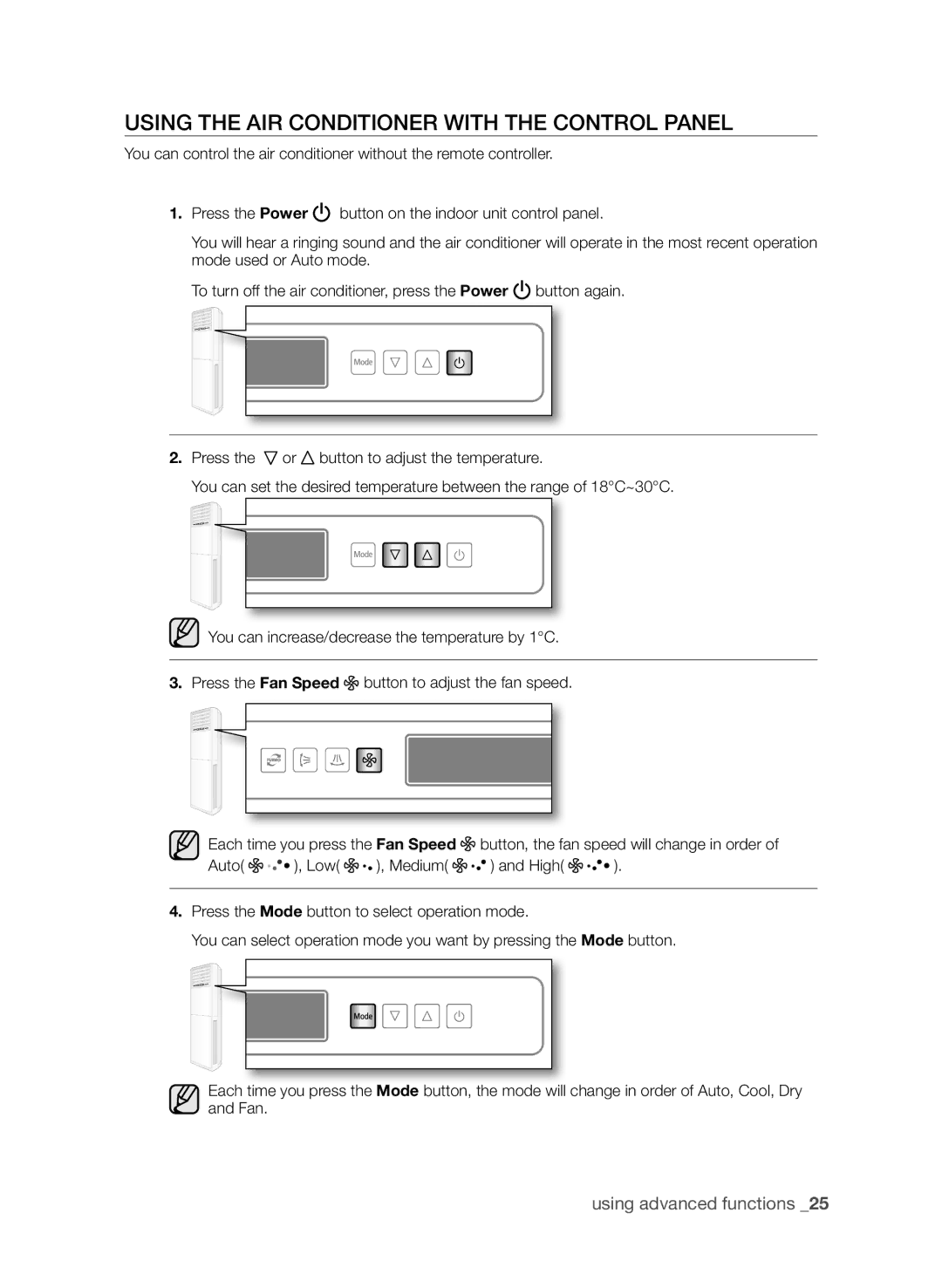 Samsung AP30M0ANUMG, AP30M0ANXSG, AP30M0AXUMG, AP30M0AXXSG manual Using the AIR Conditioner with the Control Panel 