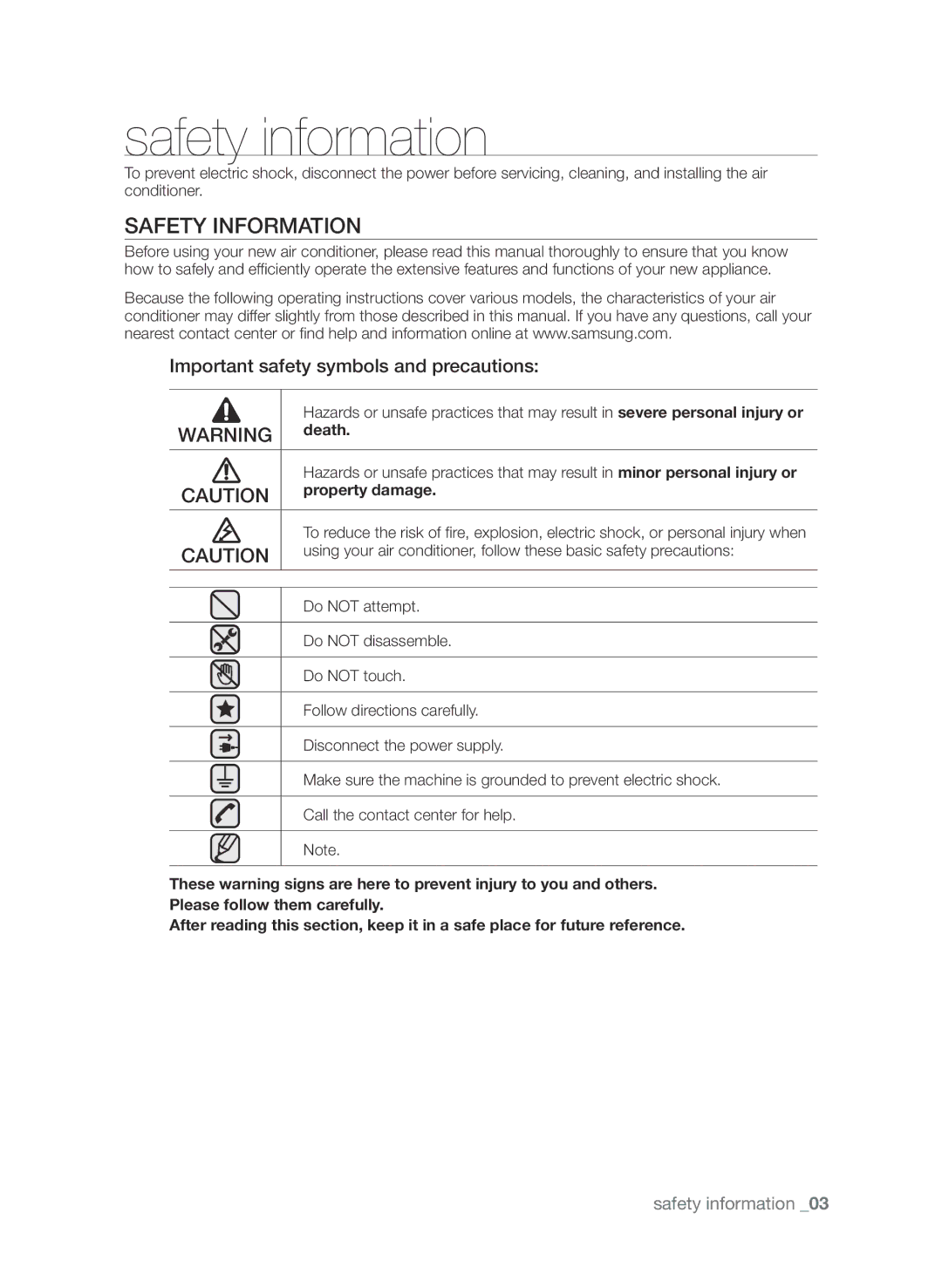 Samsung AP30M0AXXSG, AP30M0ANXSG Safety information, Safety Information, Important safety symbols and precautions, Death 