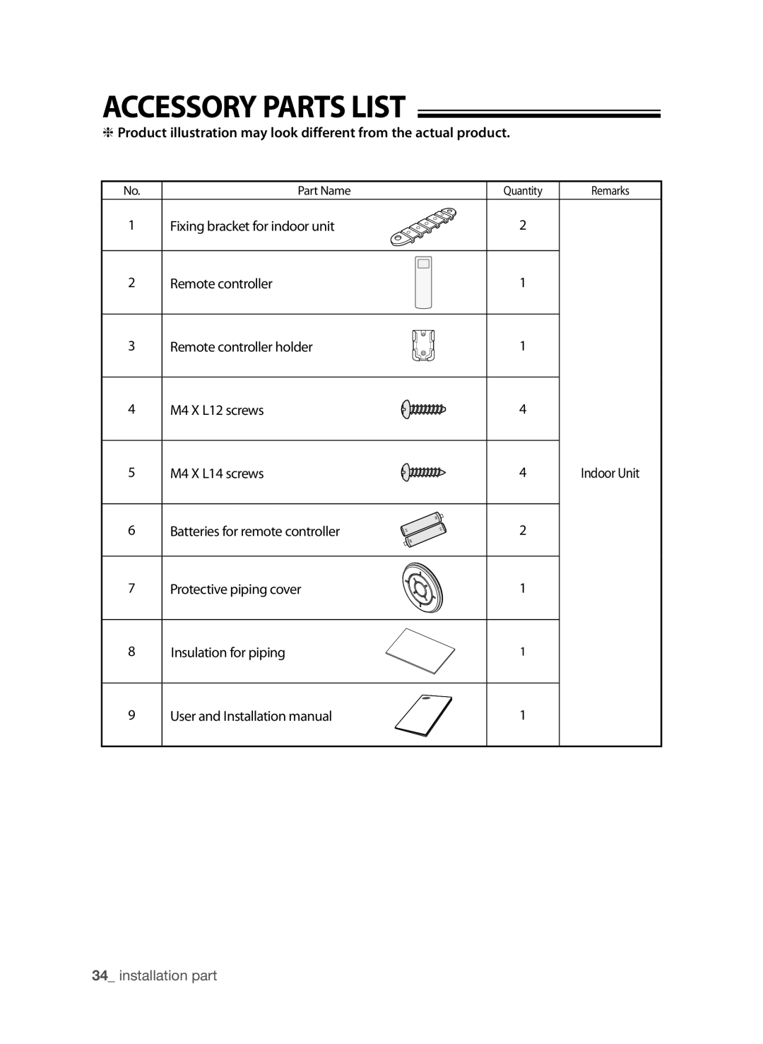 Samsung AP30M0AXUMG, AP30M0ANXSG, AP30M0ANUMG, AP30M0AXXSG manual Accessory Parts List, Part Name 