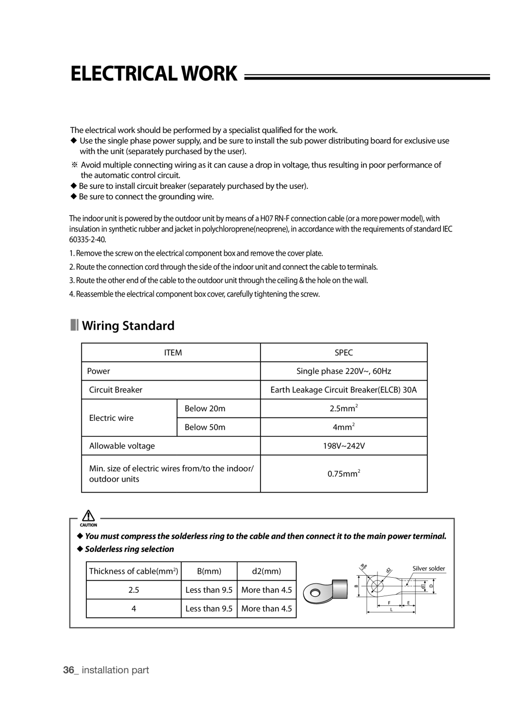 Samsung AP30M0ANXSG Electrical Work, Power, Circuit Breaker, Electric wire Below 20m 5mm Below 50m 4mm Allowable voltage 