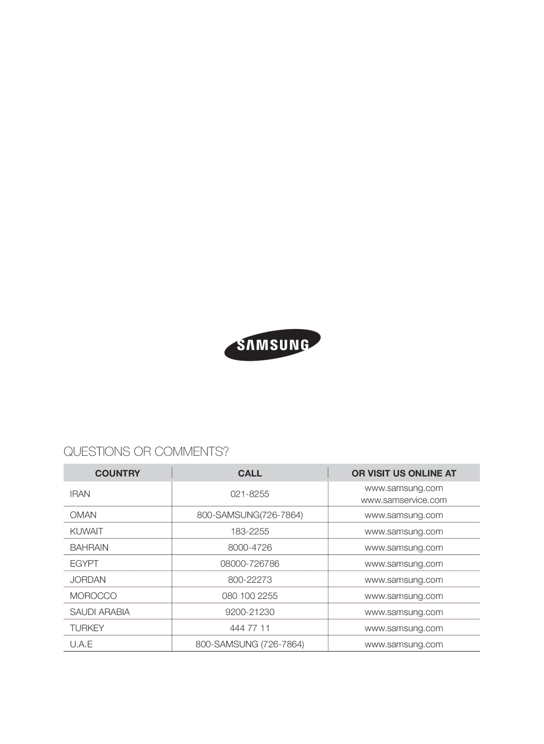 Samsung AP30M0AXUMG, AP30M0ANXSG, AP30M0ANUMG, AP30M0AXXSG manual Questions or COMMENTS?, 021-8255, 183-2255, 444 77 Samsung 