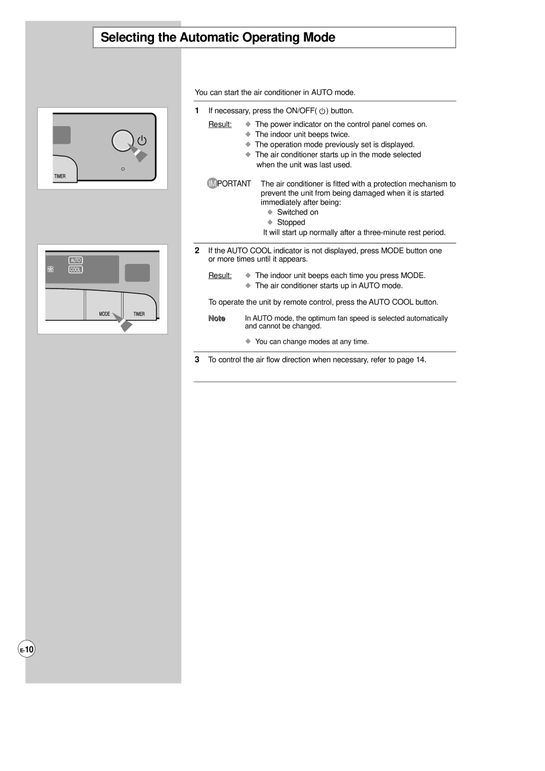 Samsung AP500F installation manual Selecting the Automatic Operating Mode, You can start the air conditioner in Auto mode 