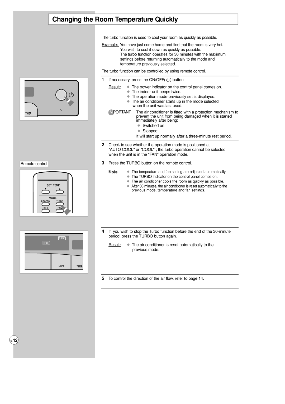 Samsung AP500F installation manual Changing the Room Temperature Quickly 