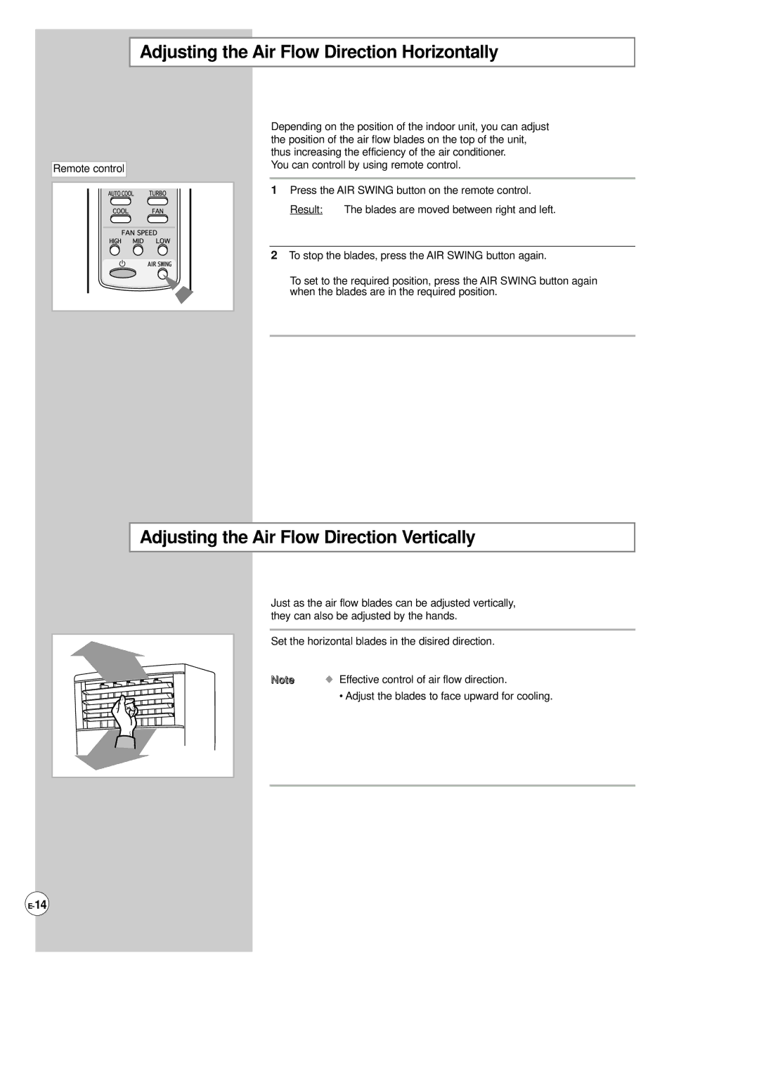 Samsung AP500F Adjusting the Air Flow Direction Horizontally, Adjusting the Air Flow Direction Vertically 