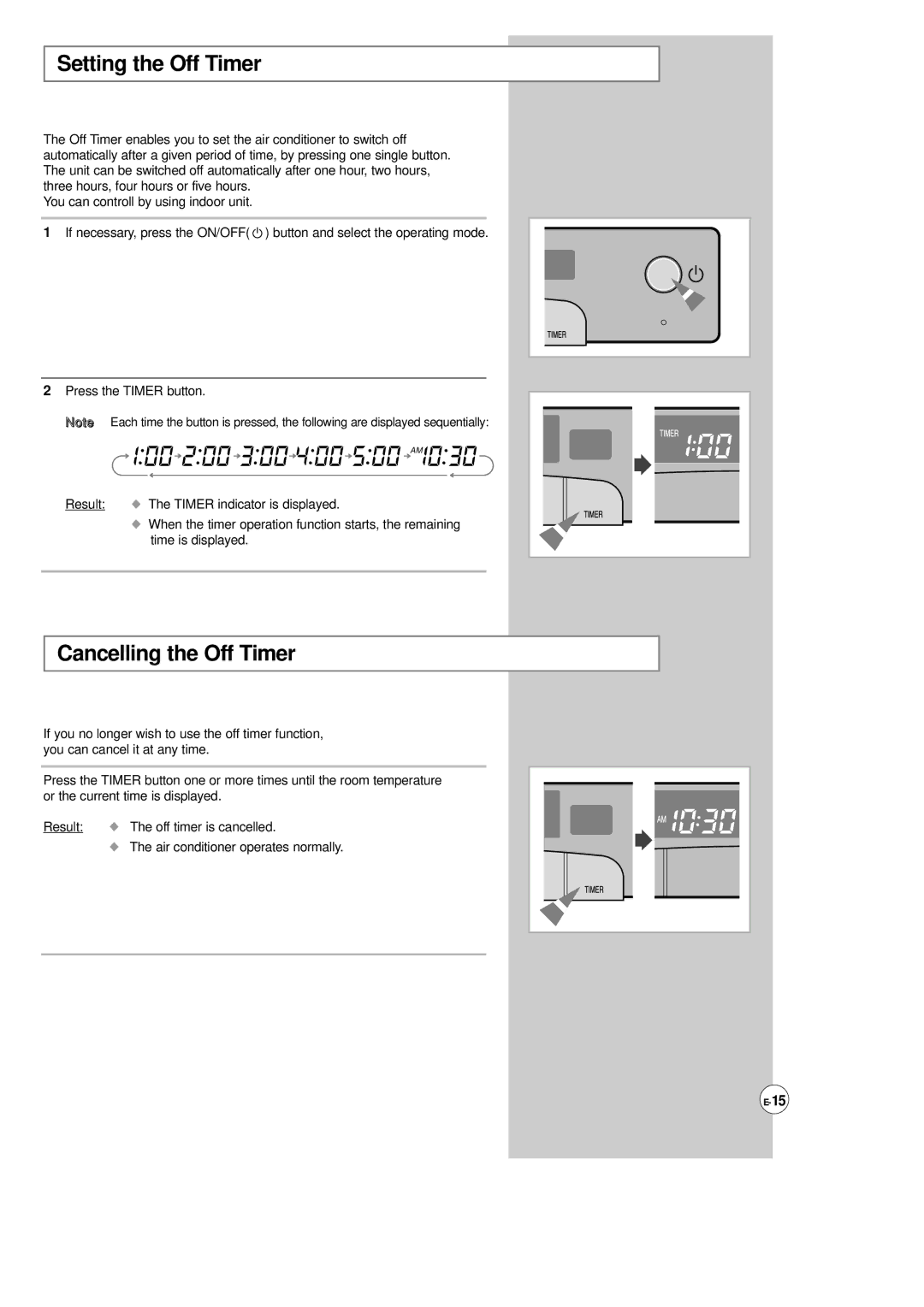 Samsung AP500F installation manual Setting the Off Timer, Cancelling the Off Timer 